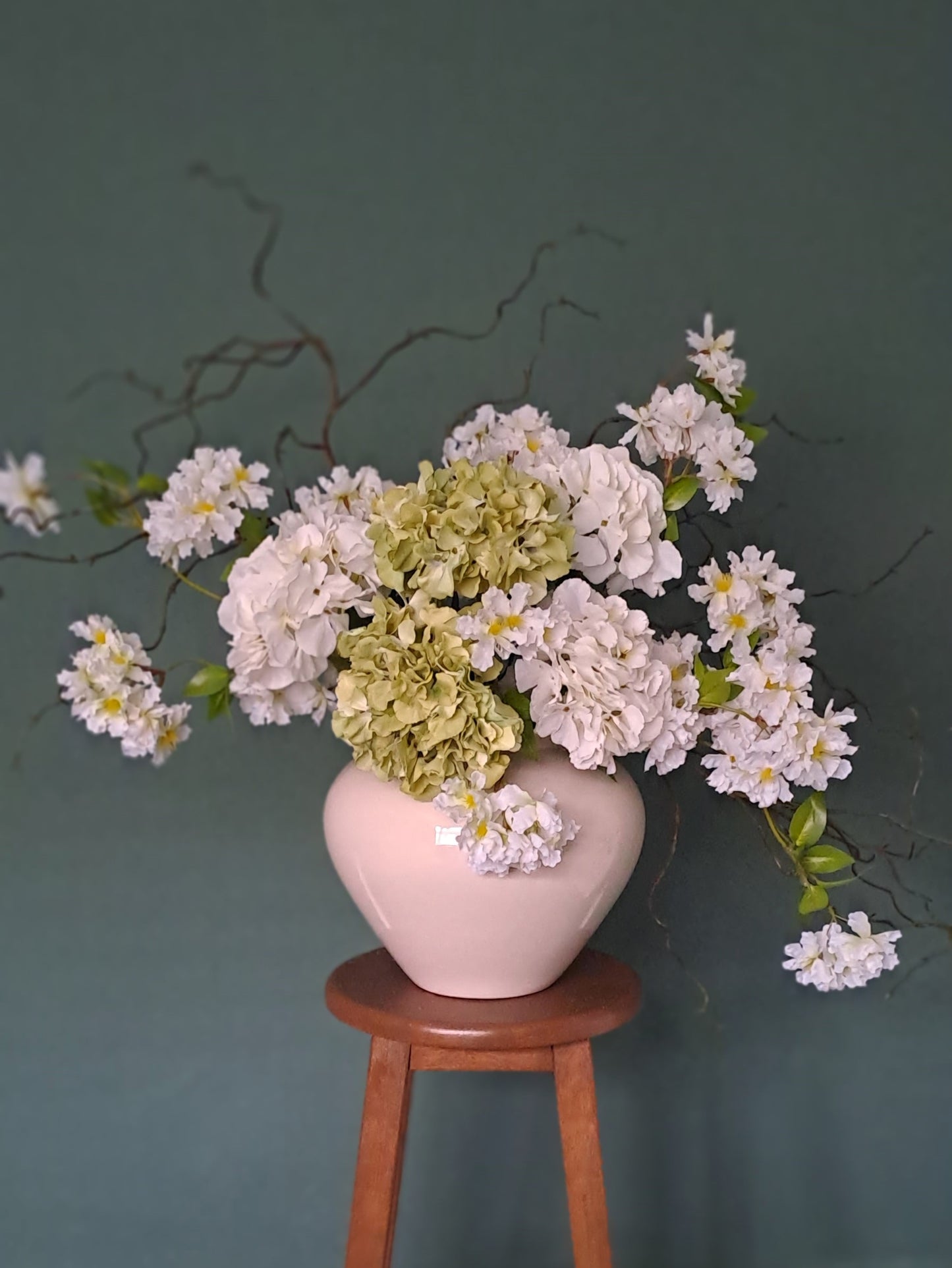 Green Hydrangea stem, Faux floral stems, artificial flowers, willow stems, branches for vase, flower arrangement, floral arrangement, flowers for large vase.