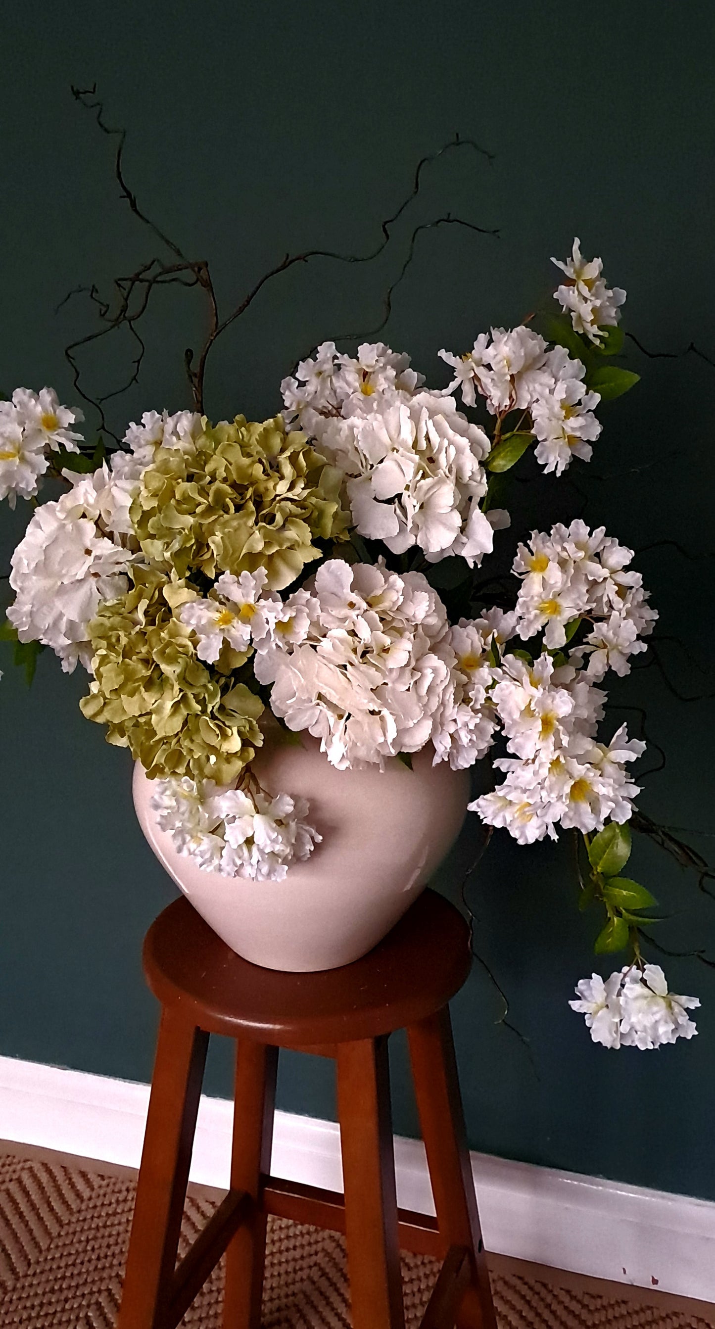 Green Hydrangea stem, Faux floral stems, artificial flowers, willow stems, branches for vase, flower arrangement, floral arrangement, flowers for large vase.