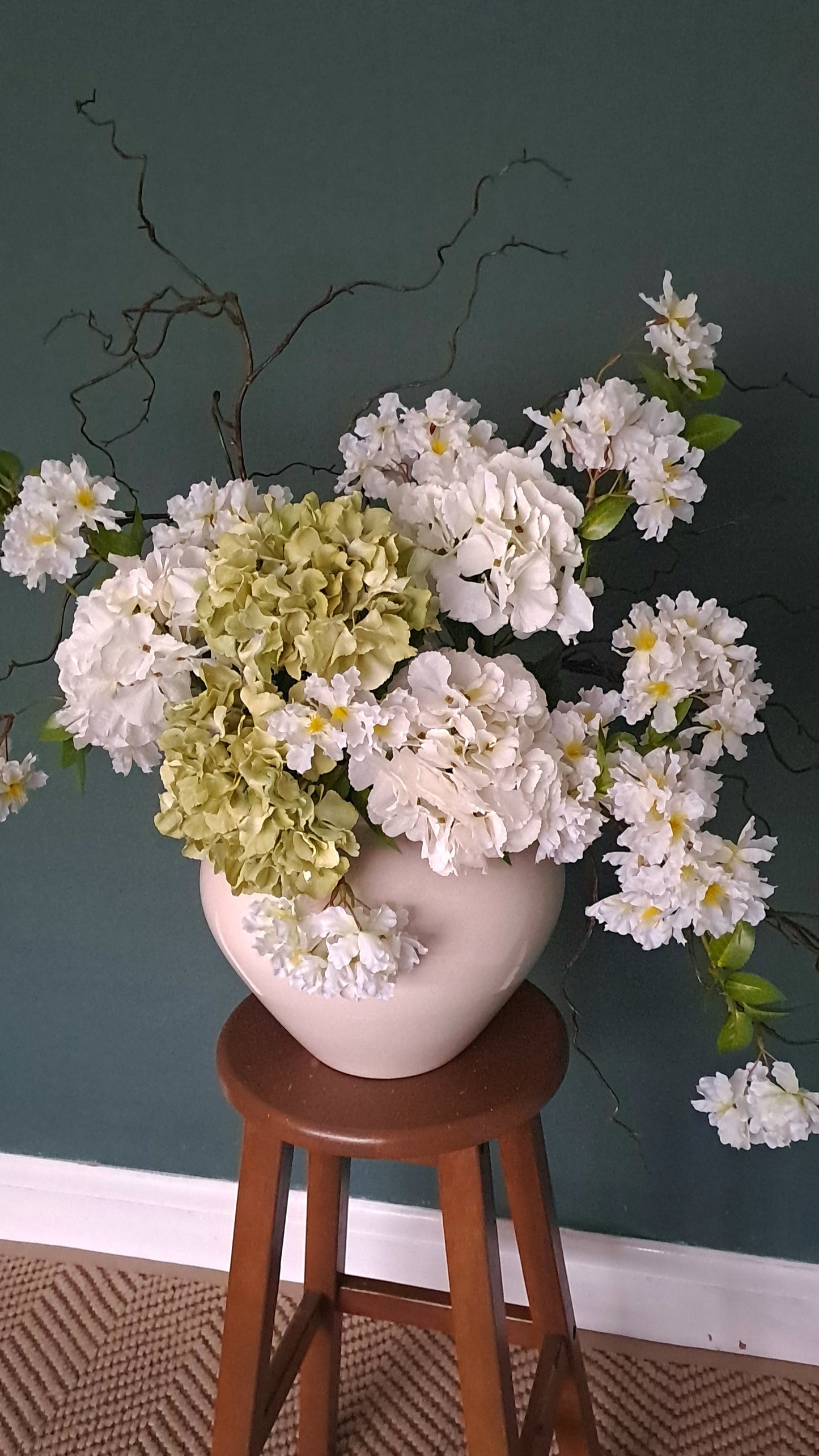 Green Hydrangea stem, Faux floral stems, artificial flowers, willow stems, branches for vase, flower arrangement, floral arrangement, flowers for large vase.