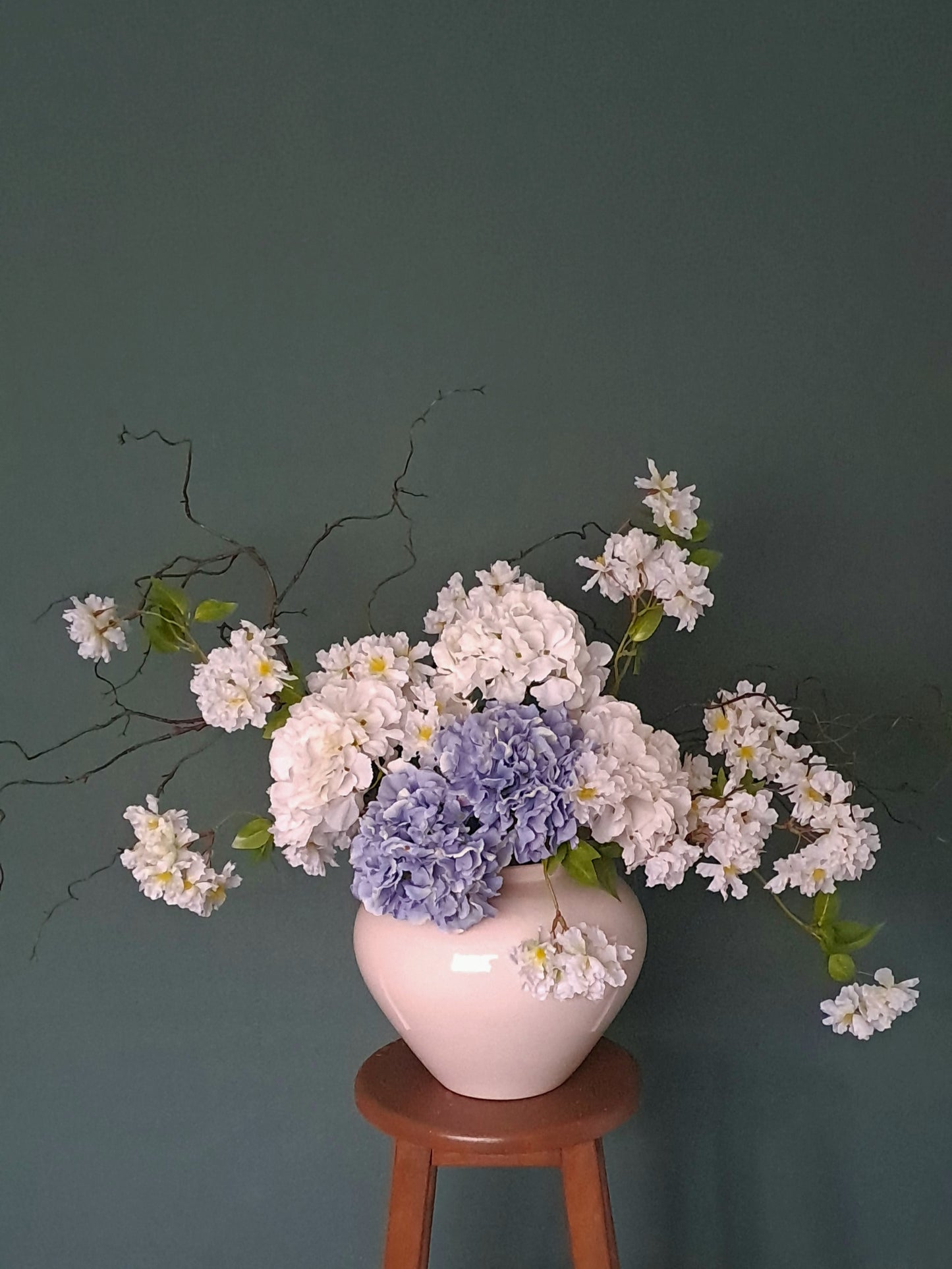 Blue Hydrangea stem, Faux floral stems, artificial flowers, willow stems, branches for vase, flower arrangement, floral arrangement, flowers for large vase.