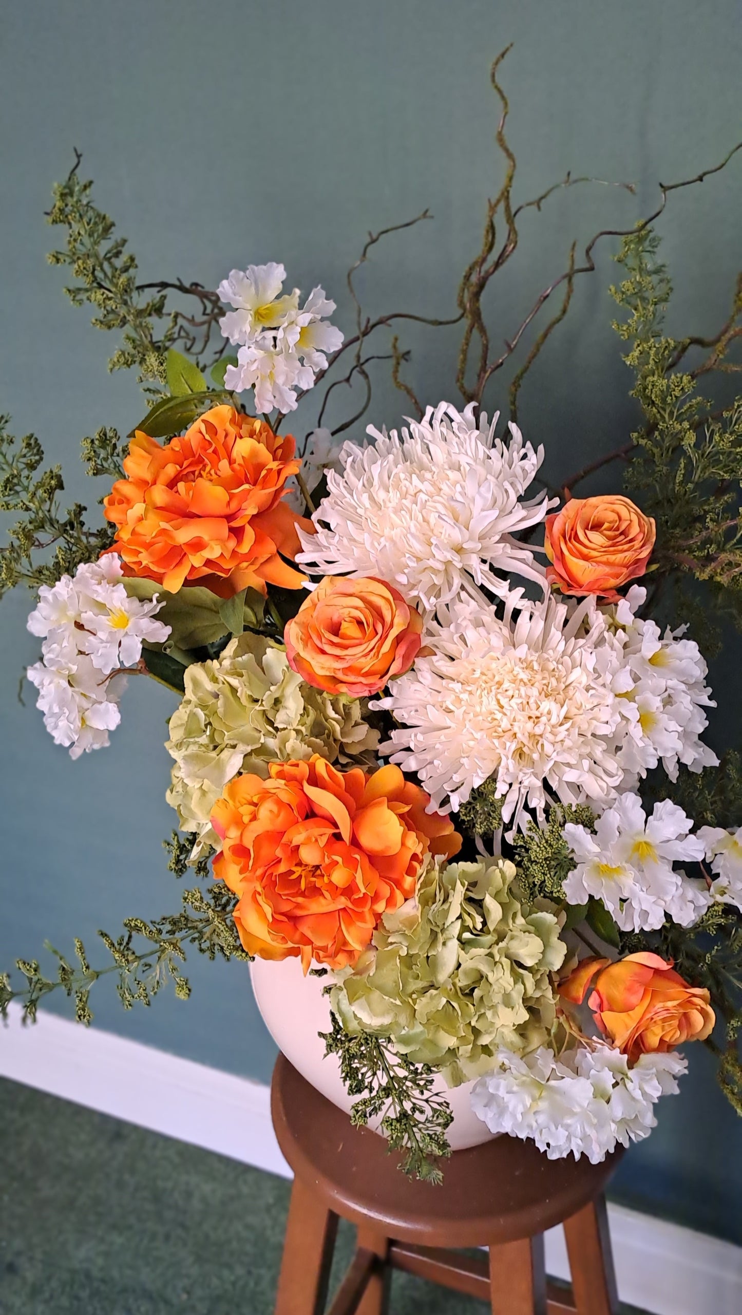 Chrysanthemum, spider chrysanthemums,  Faux floral stems, artificial flowers, willow stems, branches for vase, flower arrangement, floral arrangement, flowers for large vase.