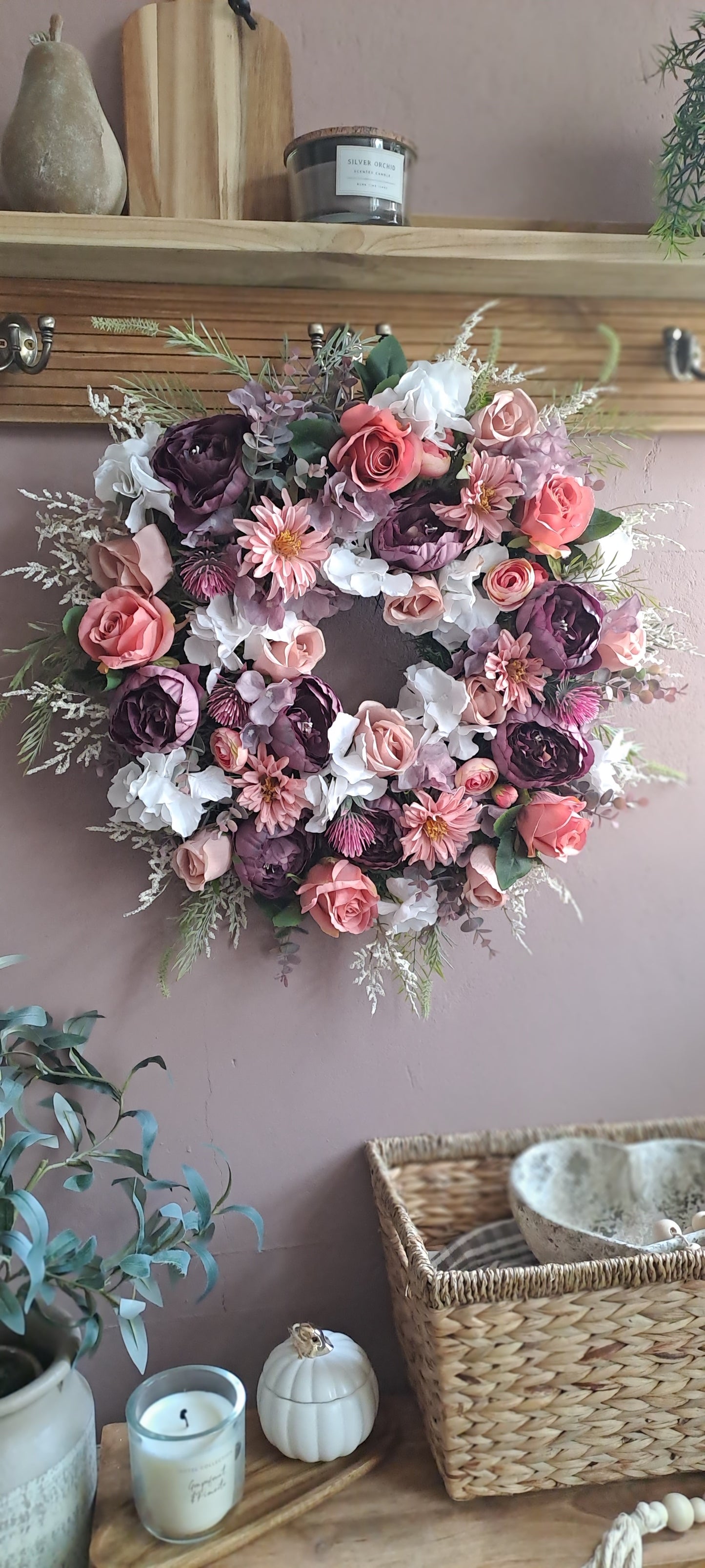 Wreath, door wreath, spring wreath, summer wreath, floral wreath, artificial wreath. All Year Round Wreath, all yearcwreath. Pink wreath. Faux florals, artificial flowers, door wreath, wreath for door.