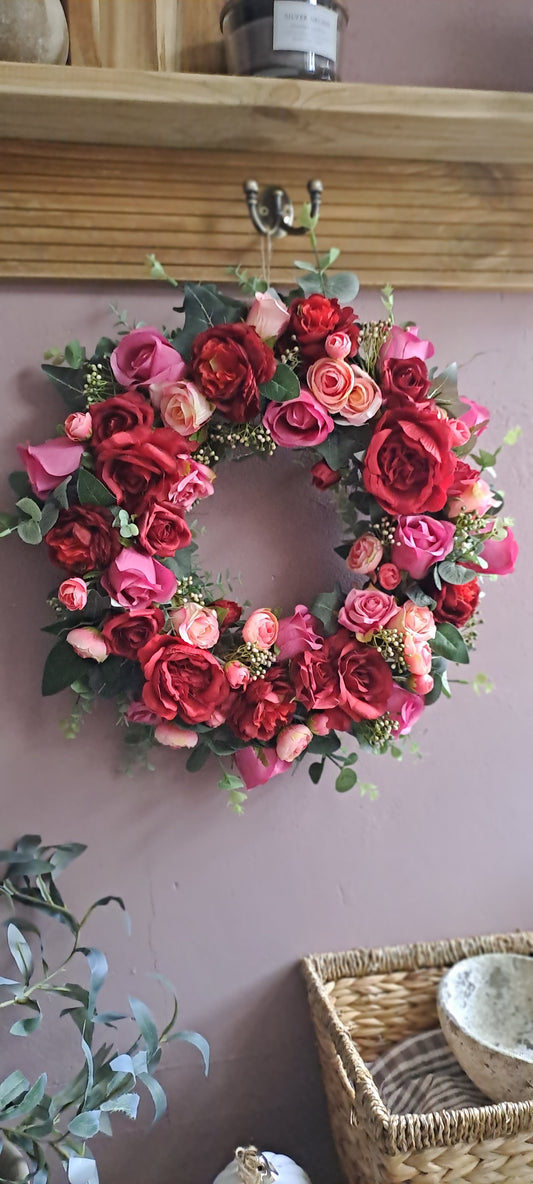 Wreath, valentines, door wreath, spring wreath, summer wreath, floral wreath, artificial wreath. All Year Round Wreath, all yearcwreath. Pink wreath. Faux florals, artificial flowers, door wreath, wreath for door.